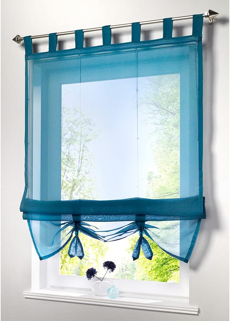 Roman Curtain Bowknot Window Sheer Valance and Tiebacks Rod Pocket Panels for Bedroom Living Room Kitchen, Blue, 80x155cm