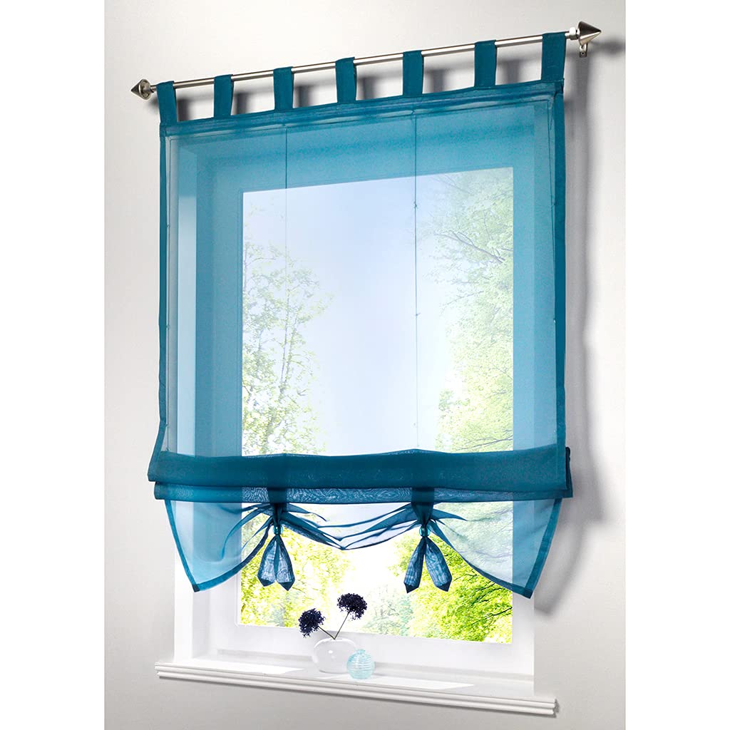 Smithoom Roman Curtain Bowknot Window Sheer Valance and Tiebacks Rod Pocket Panels for Bedroom Living Room Kitchen, Blue, 80x155cm
