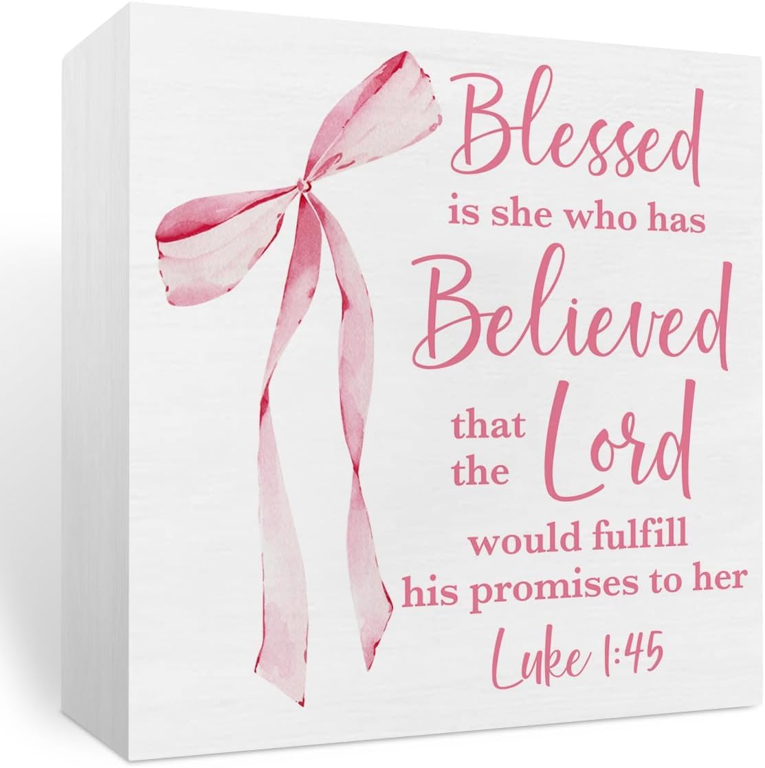 7x7 Inch Wooden Box Sign Blessed Bible Verse Pink Bow Decor