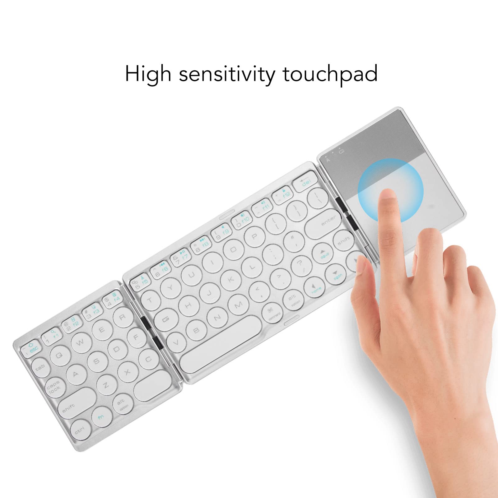 ASHATA Tastiera Bluetooth Pieghevole con Touchpad, Tastiera Bluetooth Pieghevole Portatile Mini Tastiera Wireless Ultrasottile per iOS Android Windows PC Tablet Smartphone (Silver)