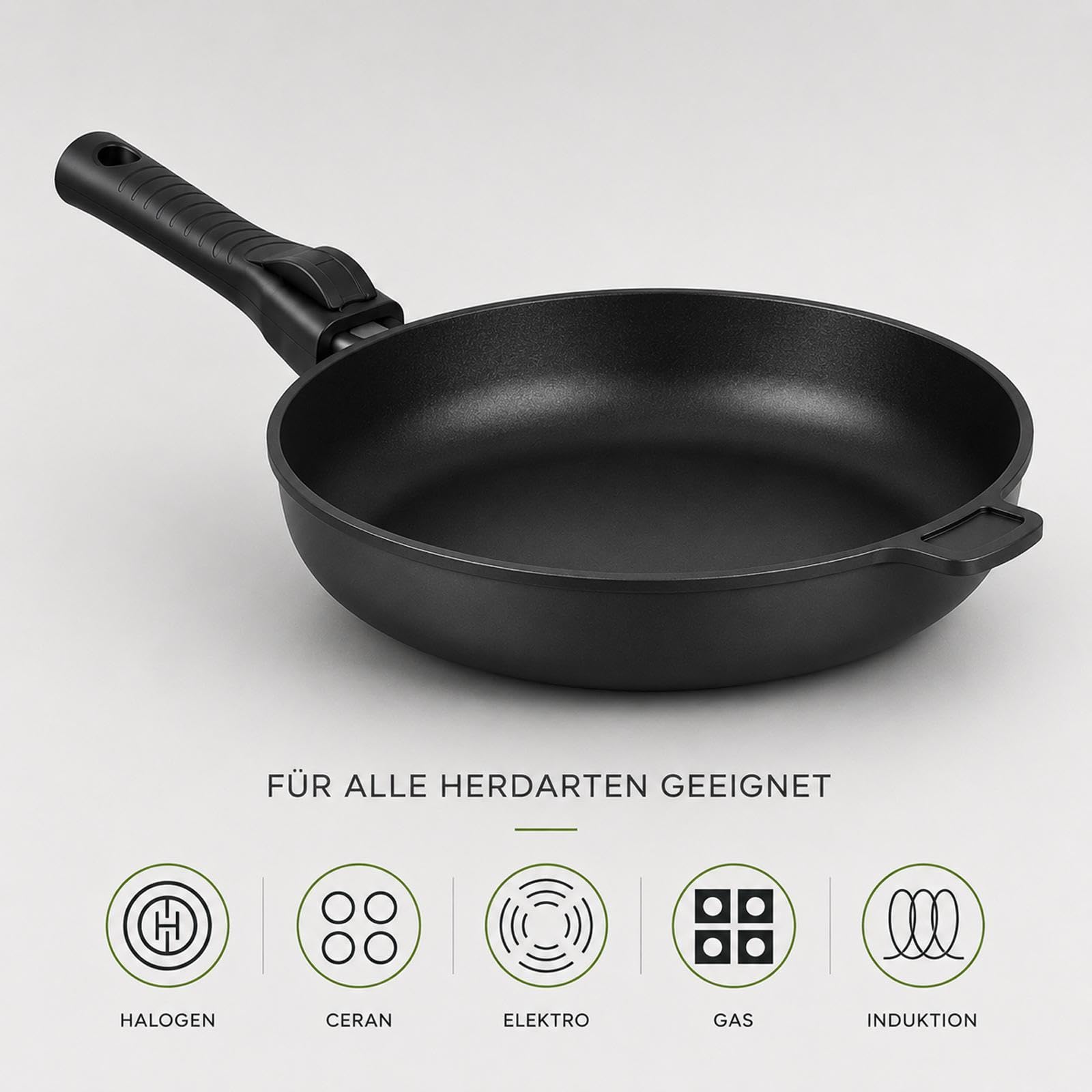 BAF Bratpfanne 20 cm aus Aluguss mit Glasdeckel & abnehmbarem Griff - Rand 5 cm hoch - Antihaft Flachrandpfanne geeignet für Induktion, Gas, Elektro & Backofen - Made in Germany