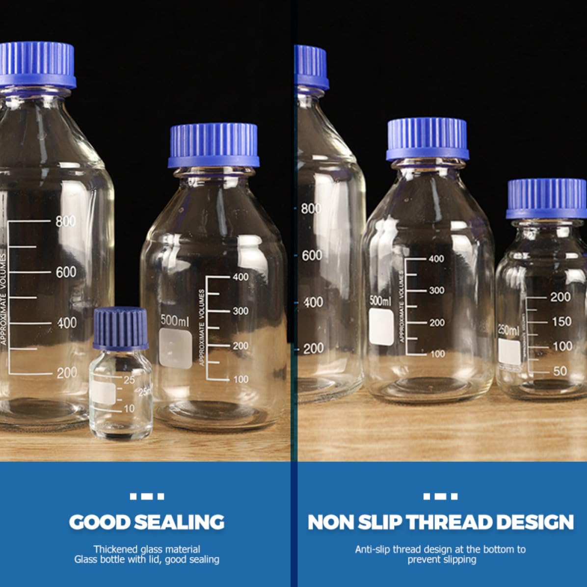 Veemoon 3 Pezzi Bottiglia di Vetro per Reagenti da 500ml Tappo a Vite Blu, Resistente a Rotture e Usura, per Impianti Chimici e Laboratori