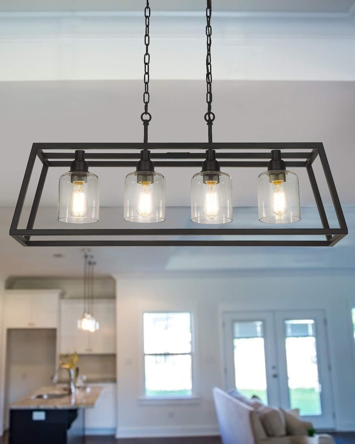 Eapudun Industrial Linear Chandeliers for Kitchen Island, 4-Light Contemporary Metal Ceiling Pendant Lighting, Matte Black Finish with Clear Glass Shade, Adjustable Height, PDA1147-MBK