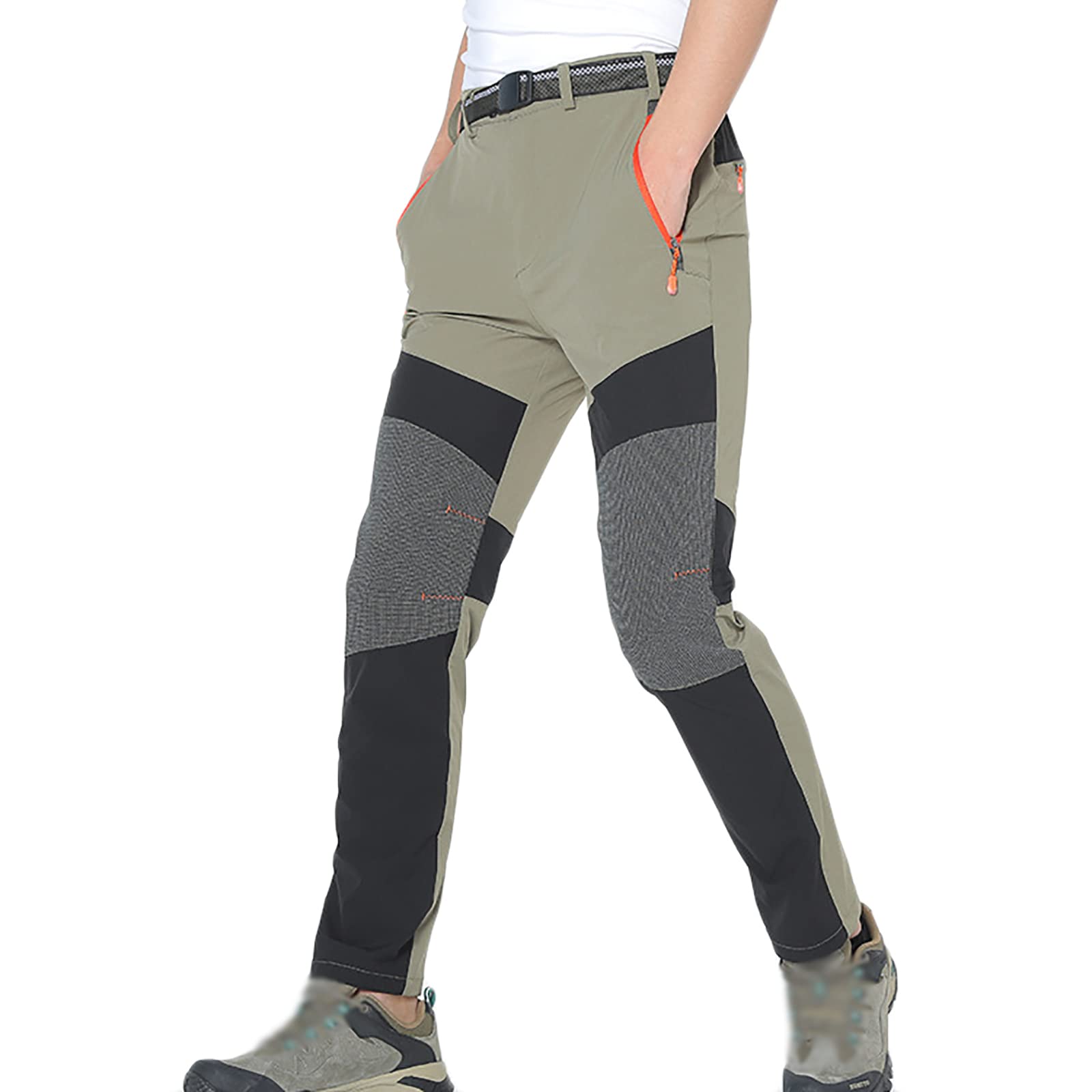 Hombres Pantalones de Senderismo Secado Rápido Senderismo Caza Pantalones de Pesca con Cinturón(Size:3XL,Color:Caqui)