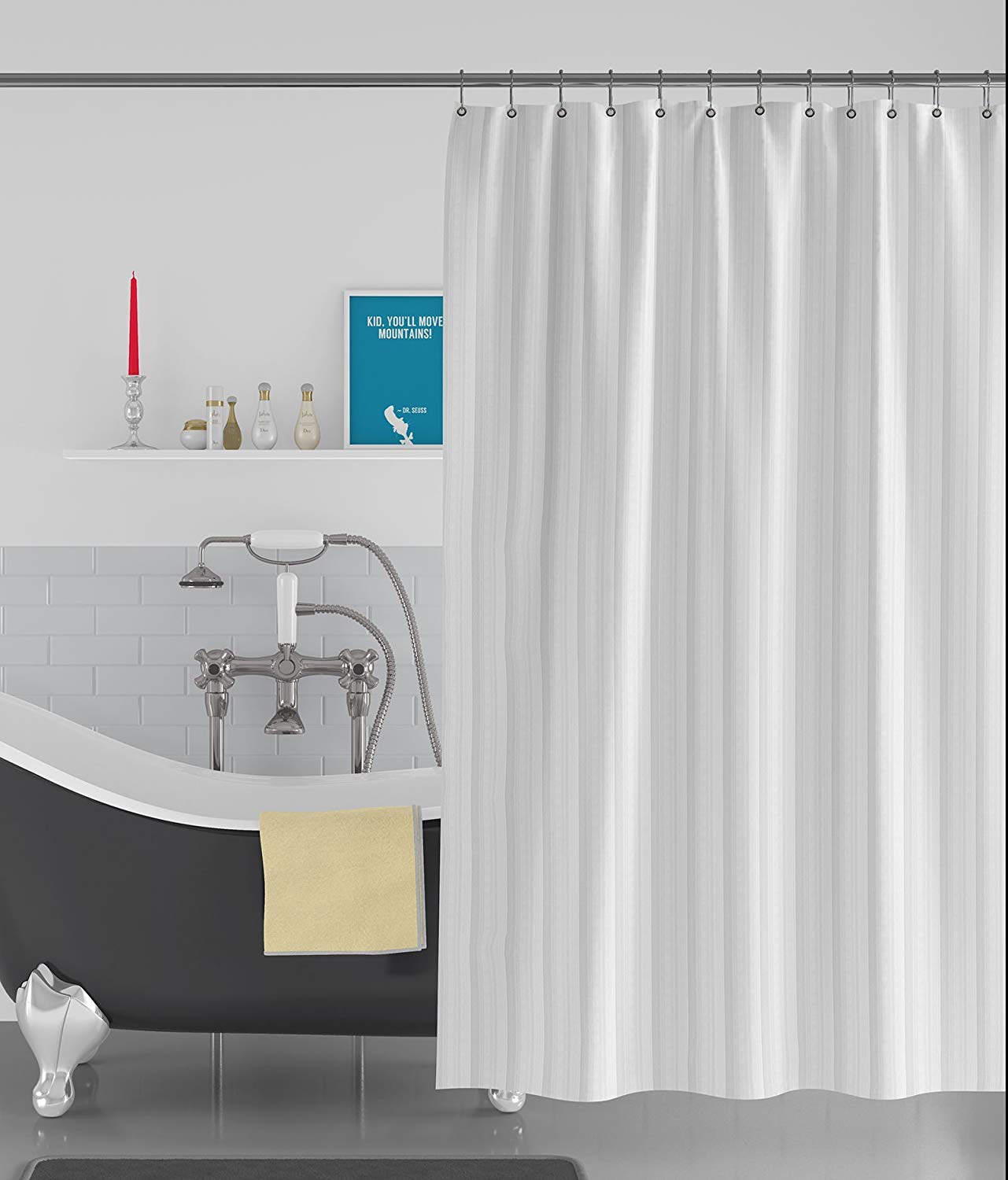 kurtains2fly Polyester Stripe Textured Anti Bacterial Water-Repellent 1 Panel Shower Curtain (White, W-6 x L-8 ft)