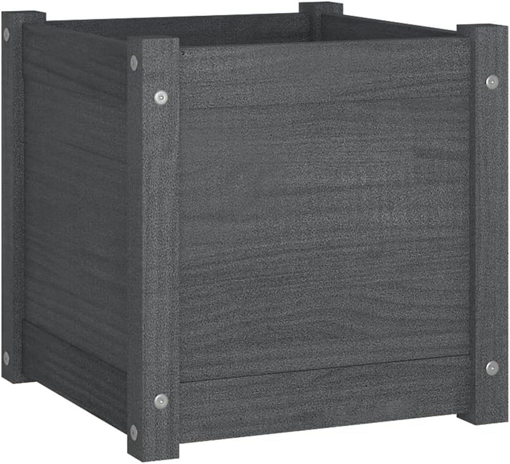 Grey Solid Pinewood Planter Box 15.7 in Cube Raised Garden Bed Outdoor Rustic Matte Finish for Balcony Patio Garden