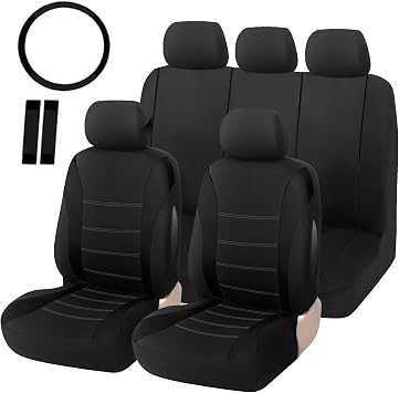 Foneso Car Seat Covers, 100% Breathable with Composite Sponge Inside, Airbag Compatible Universal Fit Accessories Auto for Cars, Trucks, Sedan, Van, SUVs Black, 21PCS Full Set