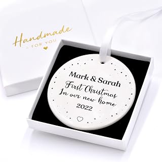 First Christmas In Our New Home Christmas Tree Ornament, Personalised 1st Xmas In New House Bauble, Housewarming Present, Ceramic Heart Circle Decoration With Gift Box