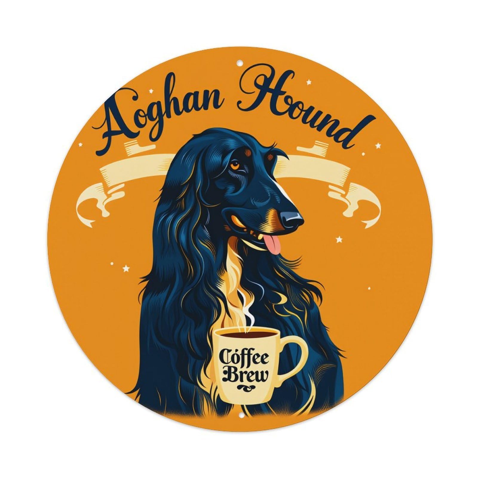Dog Coffee Cup Steam Orange Background Round Vintage Tin Sign,Retro Wall Art,Metal Poster for Home, Bar, Garage, Cafe, Rustic Indoor & Outdoor Decor, 8x8 Inches