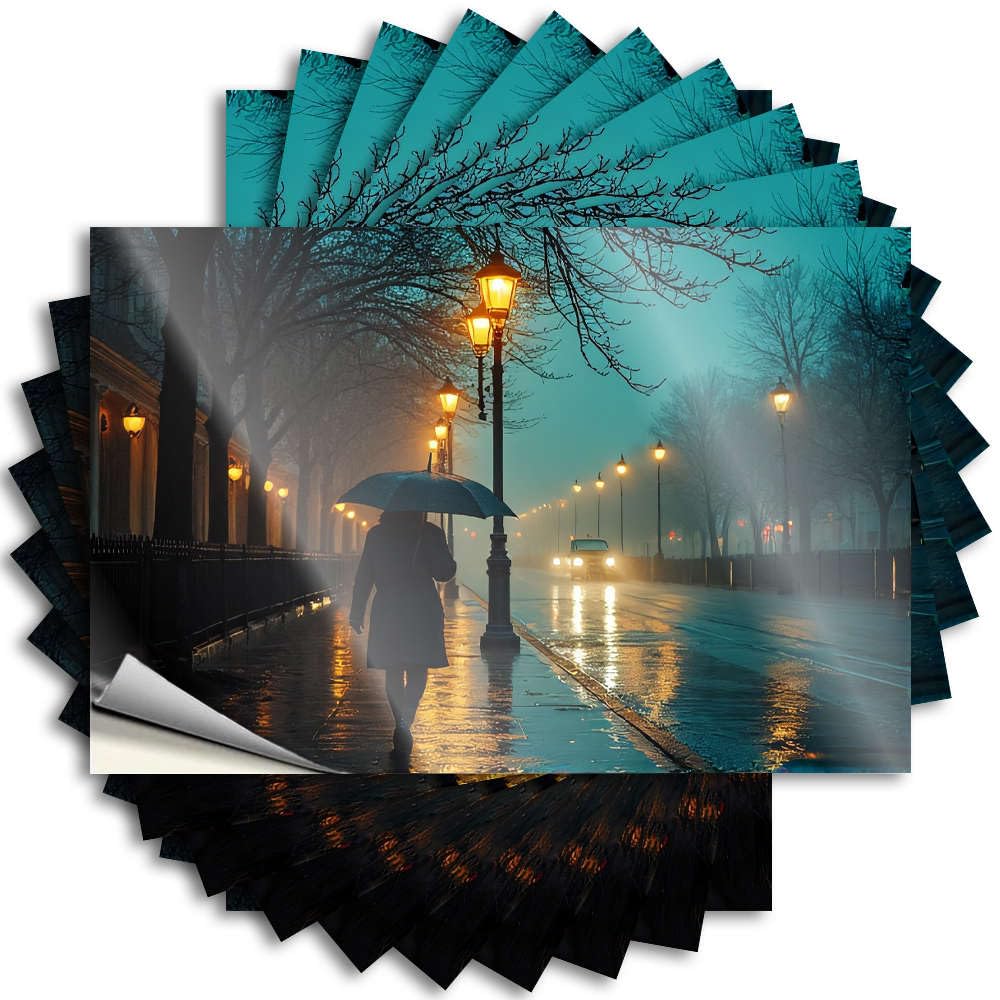 A Person Walks Under an Umbrella On A Rainy Evening Street. Sticker Outdoor Patio Accessories Self Adhesive | New Door Vinyl Sticker Pack for Man(6X9CM)