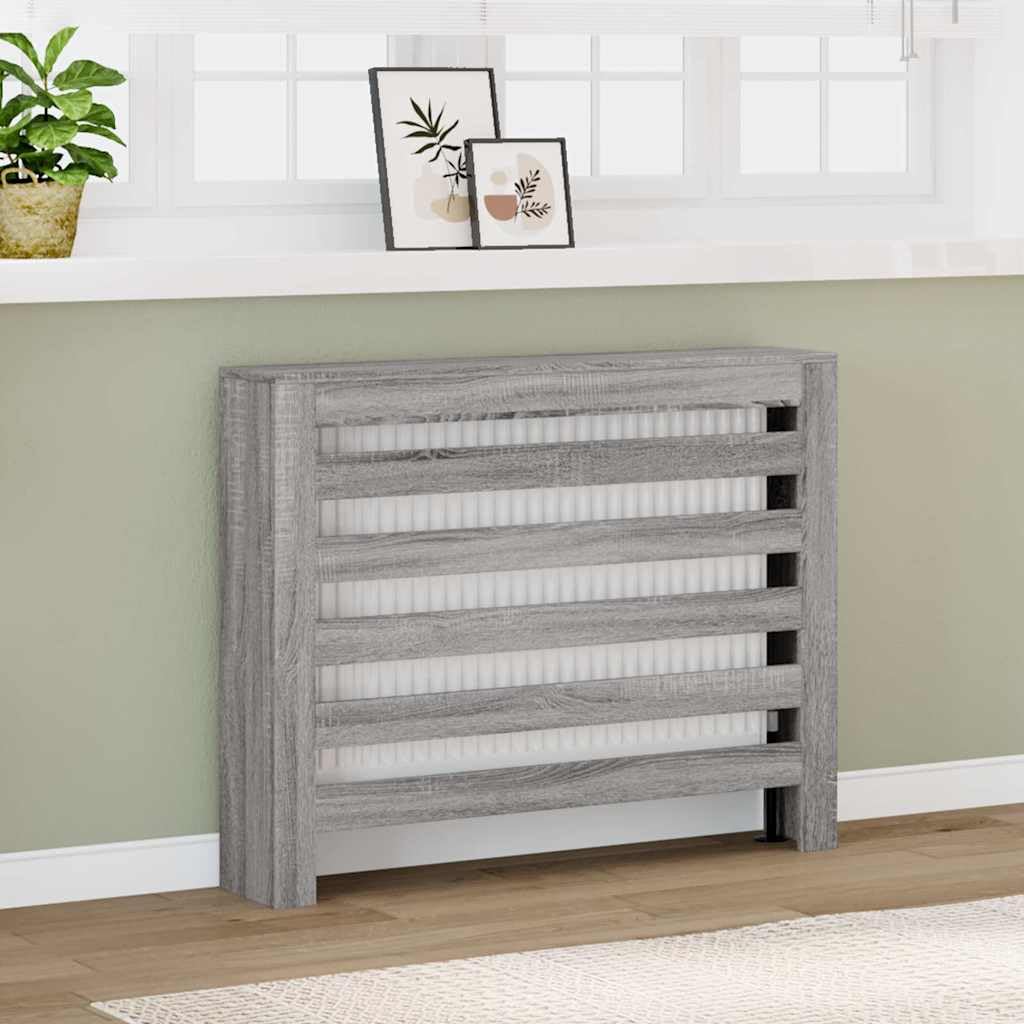 Heizkörperverkleidung Grau Sonoma aus Holzwerkstoff 104 x 20 x 82 cm, mit horizontalen Latten, dekorative Abdeckung für Wohnzimmer, Ablage für Deko, Bücher, Heizkörper Zubehör