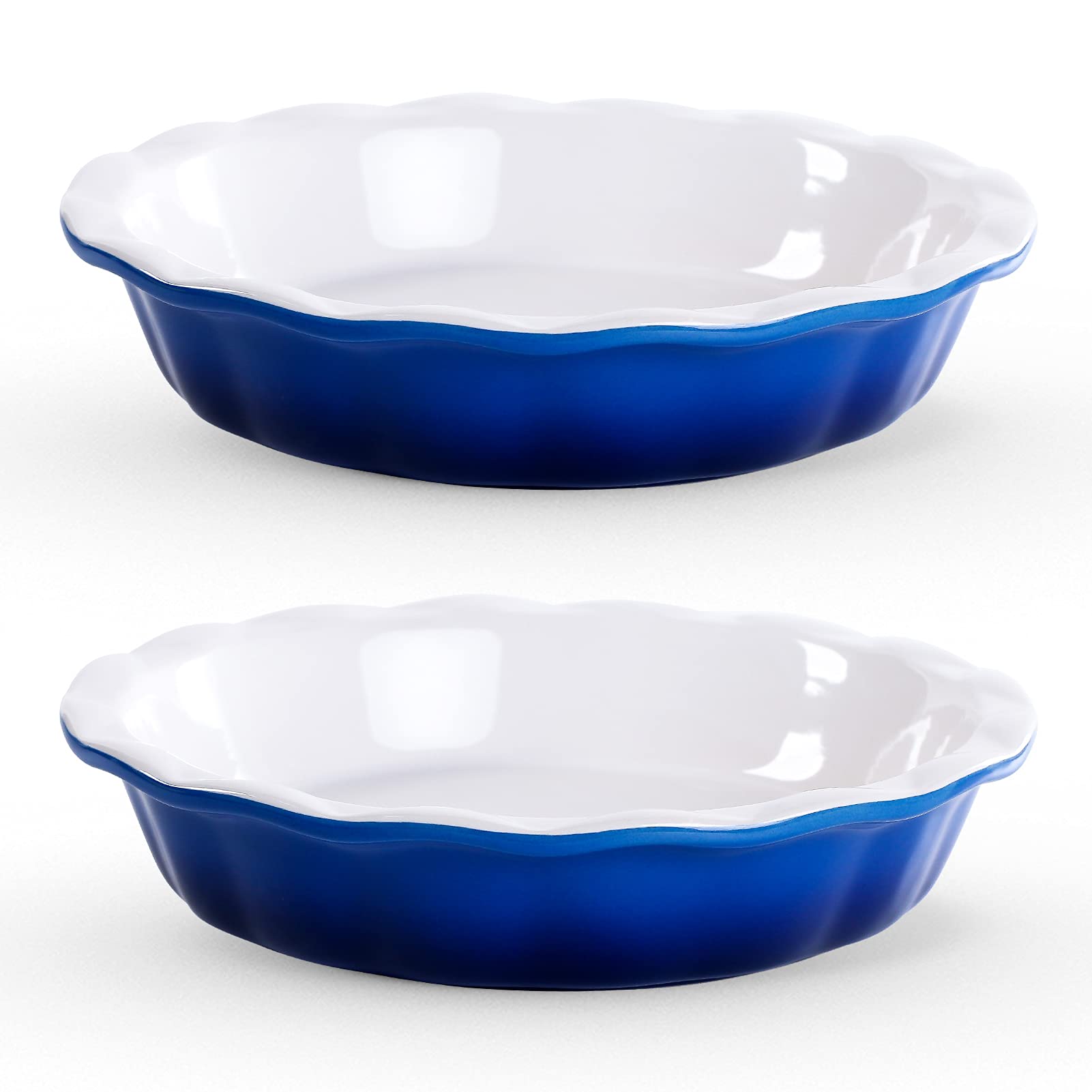 Lareina Ceramic Pie Pans for Baking, 10.5 Inch Superb Pie Dish with Rippled Edge for Apple Pie, Pecan Pie, Chicken Pot Pie, Colorful and Durable Pie Plate, Set of 2, Blue