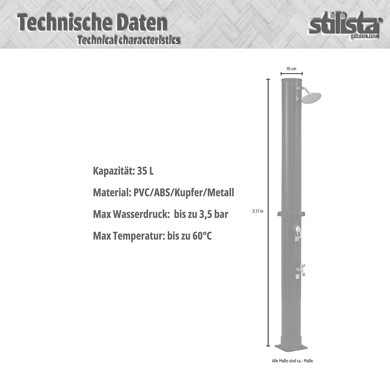 STILISTA Solardusche 35 l, Wasserhahn, Schlauchanschluss, Farbwahl, Silber/Schwarz
