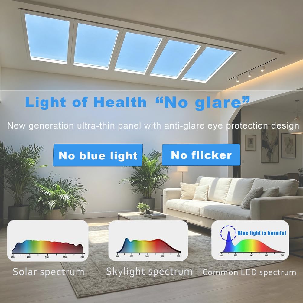 Smart Blue Sky Light Deckenleuchte Künstliches Oberlicht Einbauleuchte Ferngesteuerte Dimmbare LED Skylight Lampe 3000K-6500K Tageslichtsimulation Keller Wohnzimmer Flur,620 * 320 * 80