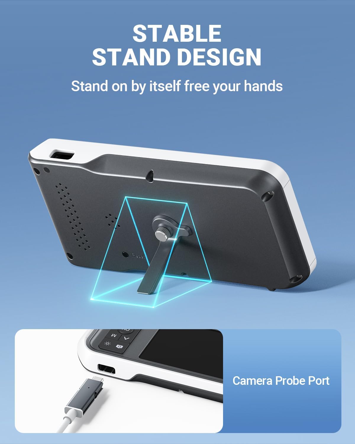 The ScopeAround MS450 otoscope with its integrated stand deployed for hands-free use.