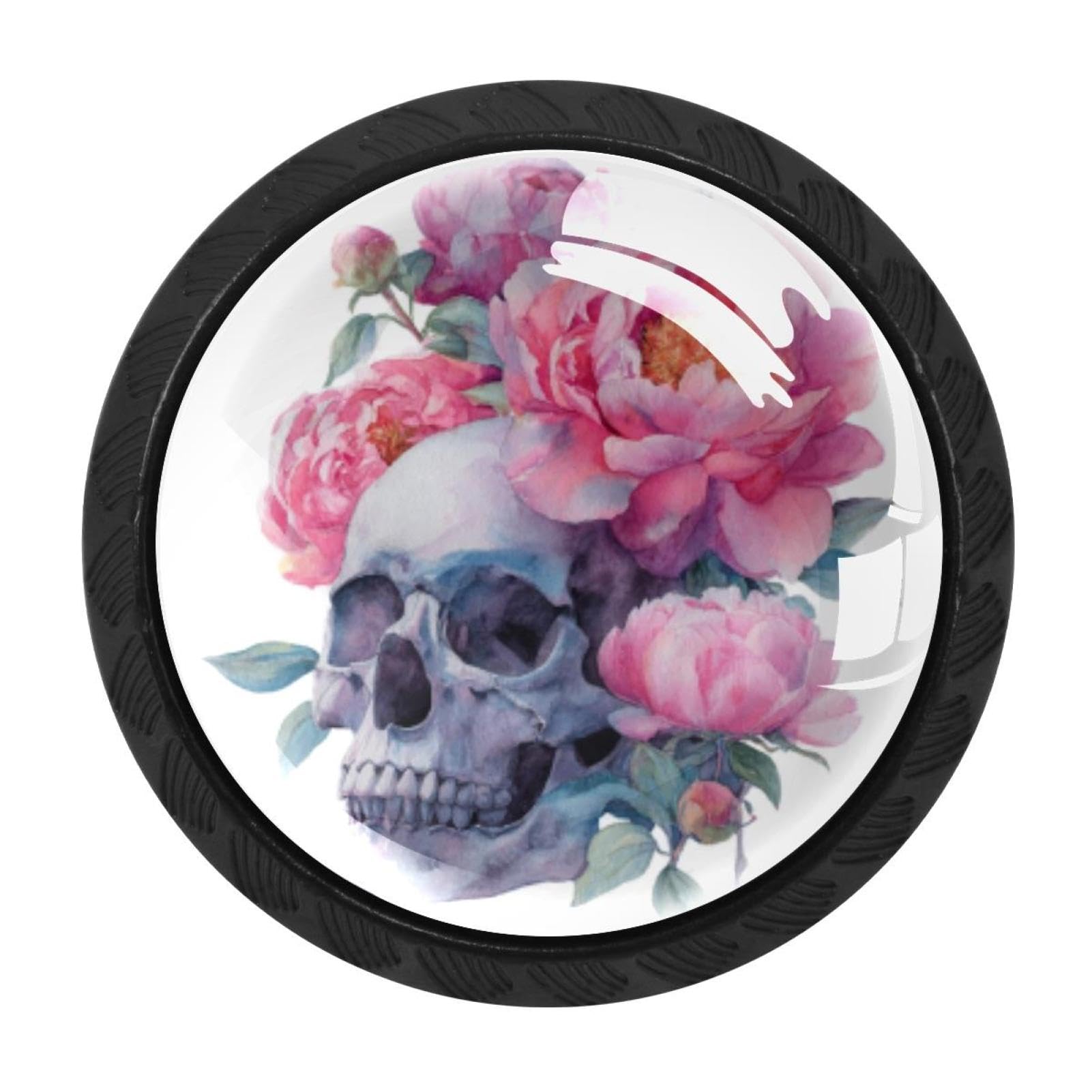 CHENZZZZ 4 Pieces Watercolor Skull and Peonies Flowers Cabinet Knobs Drawer Dresser Pulls Handles for Home Kitchen Office Bathroom Door Kids Room