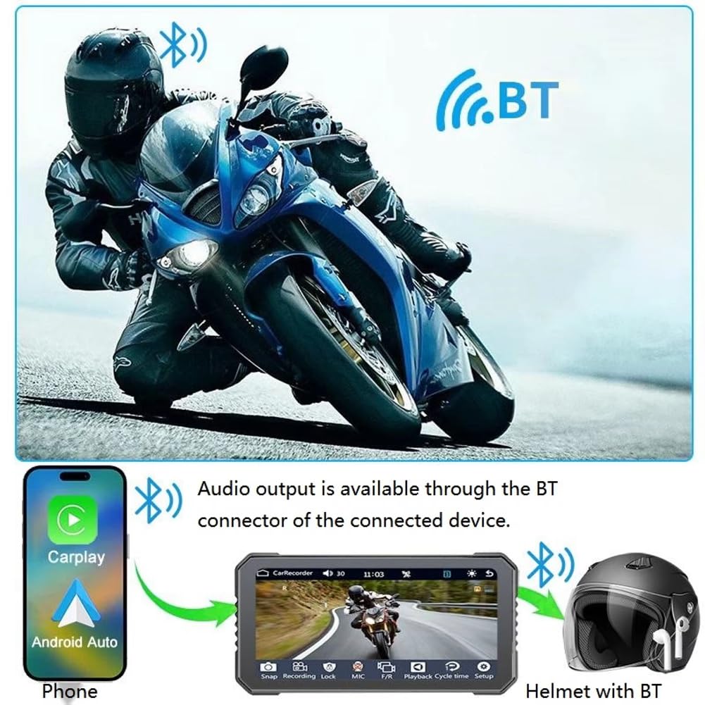 6,25 Motorrad-DVR, Kabelloses CarPlay für Android Auto, GPS-Navigationsmonitor, Bluetooth, Wasserdichter Touchscreen