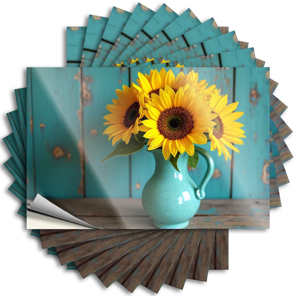 Tattoo Encouragement Patio Decorations Waterproof - Sunflowers in A Blue Vase On A Wooden Table. Hat Self Adhesive Decal for Hunting Use(8X12CM)
