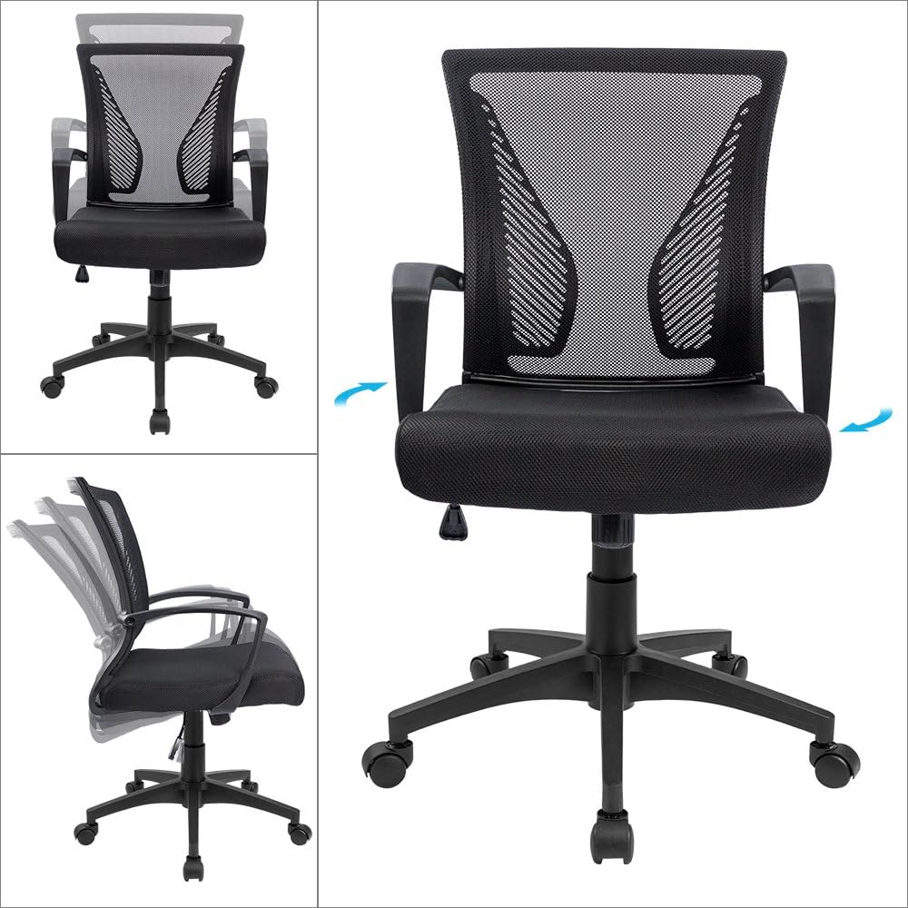Furmax Office Chair Ergonomic Computer Desk Mesh Chair Mid Back Swivel Lumbar Support with Armrest (1, Black): 2 Black