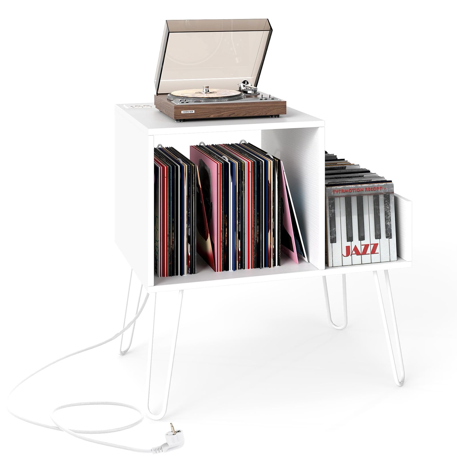 COSTWAY Support Tourne-disque avec Prise, Meuble Tourne-Disque Vinyle pour 145 Albums, Station de Charge, 2 Ports USB, 4 Pieds Amovibles, 3 Séparateurs, Étagère sur Table(Blanc)