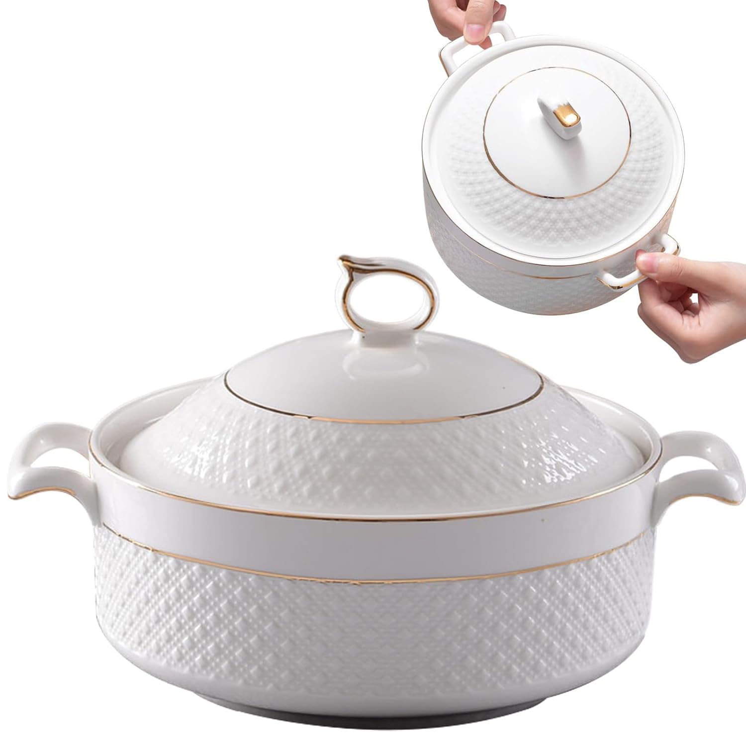 Sopera De CeráMica con Tapa,Cuenco Grande Borde Dorado,Elegante Asas Dobles De Porcelana,para Restaurante,Hogar Y Cocina(with Gold Rim)
