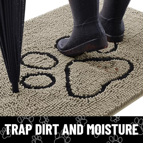 Image of Smiry Dog Door Mat for Muddy Paws, Absorbent Dirt Trapper Non Slip Quick Dry Washable Chenille Mat for Mud Dogs, Entry Rug for Indoor and Outdoor (30x20 Inches, Warm Taupe and Black)
