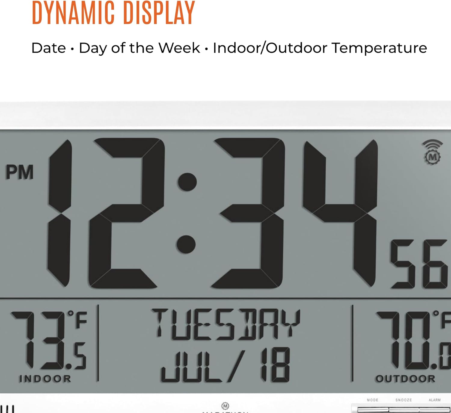 Close-up of the clock's dynamic display showing time, date, and indoor/outdoor temperature.