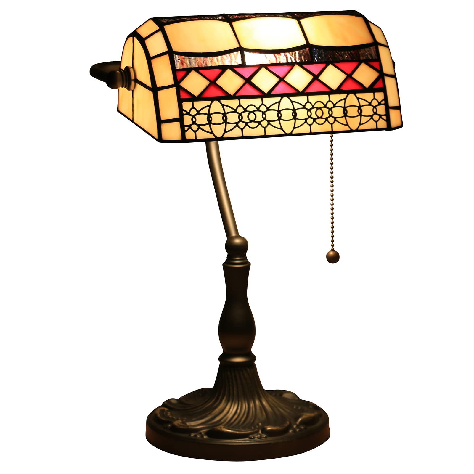 Aioneer Bankers Desk Lamp, Tiffany Lamp With Pull Chain Switch, Glass Table Lamp, Reading Lamps For Bedside Table, Art Deco Lamps-G