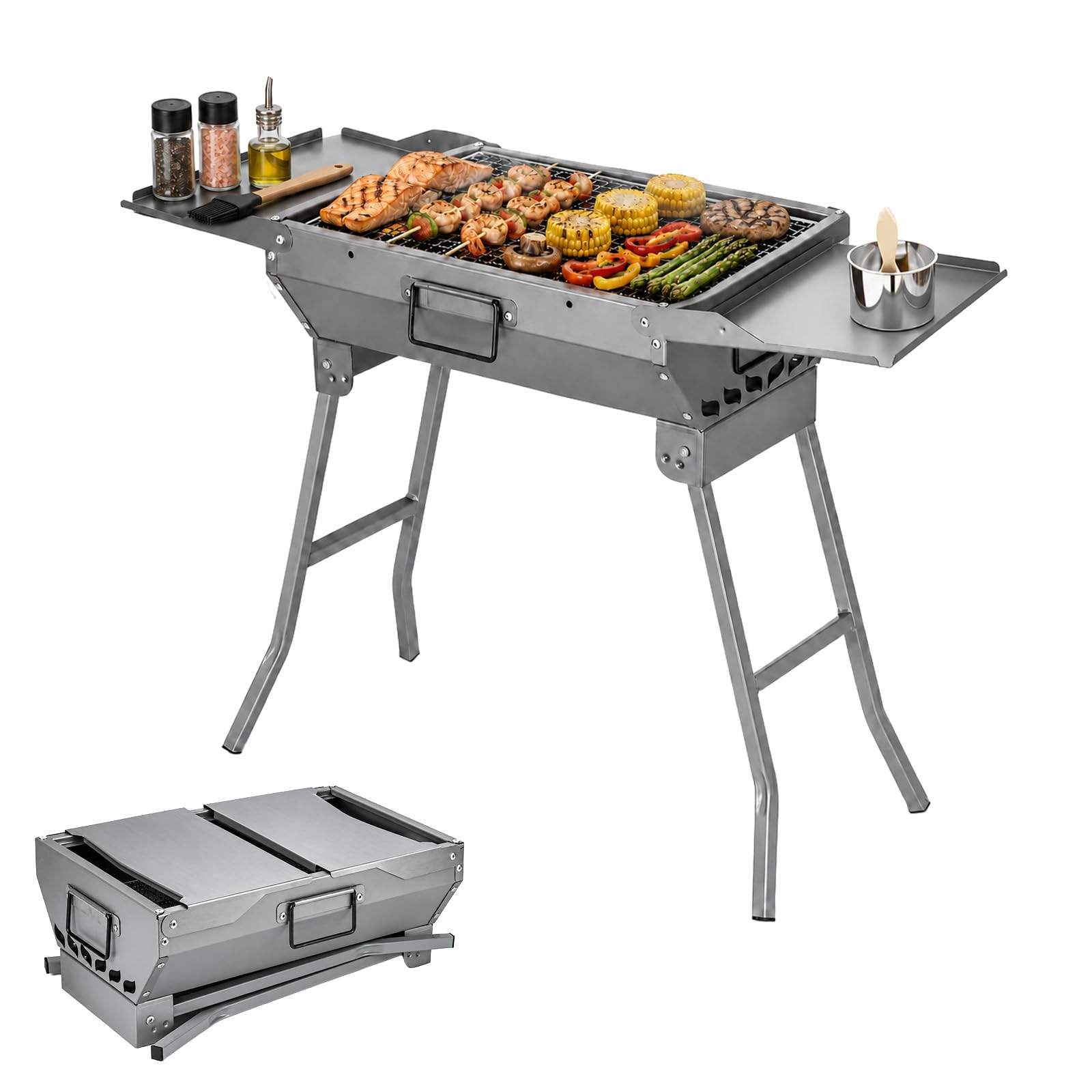 Klappgrill BBQ Set Tragbarer Holzkohlegrill mit 2 Seitenablagen, 28,5 x 77 x 55 cm Faltbar Grill Schwerlast Zinc-Legierung Outdoor Grill für Camping, Garten & Picknick