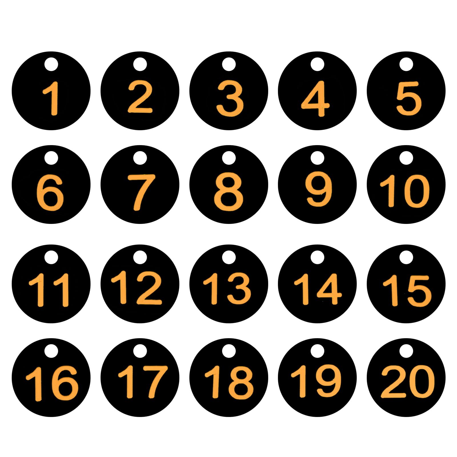 PATIKIL 1-20 Numbers Tags Plastic Round Numbered Marking Identify ID Key Hang Tag for Dormitory Key Chain Box Gym Cabinet Lockers, Black with Yellow Text