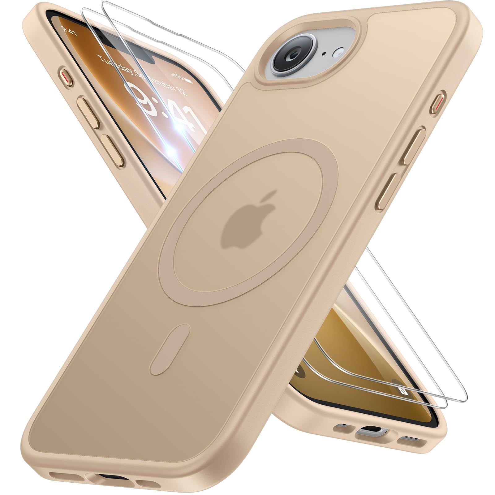 miracase for iPhone 16e case &amp; iPhone 17e Case for MagSafe [with 2×9H+ Screen Protectors] TOP Military-Grade Protection Shockproof with Velvet Touch for iPhone 16e/17e Phone Case 6.1", Matte Beige