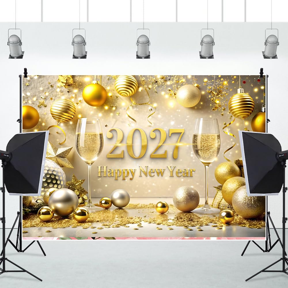 20x10ft Glitter 2026 Felice Anno Nuovo Banner Sfondo Lusso Oro 2026 Fotografia Sfondo Buon Natale e Felice Anno Nuovo Festa di Carnevale Newyears Eve Party Supplies Xmas Holiday Decor