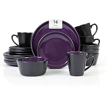 Stoneware Dinnerware Set Service for 4, 16 Piece Two Tone Handmade Plates Bowls Set, Chip & Crack Resistant Modern Tableware, Purple and Black