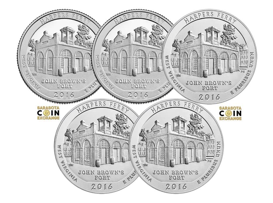 2016 Various Mint Marks Harpers Ferry West Virginia San Francisco Mint Silver Proof, San Francisco Mint Clad Proof, San Francisco Mint Uncirculated, Philadelphia Mint Uncirculated and Denver Mint Uncirculated 5 Coin Update Set Includes Silver Proof .