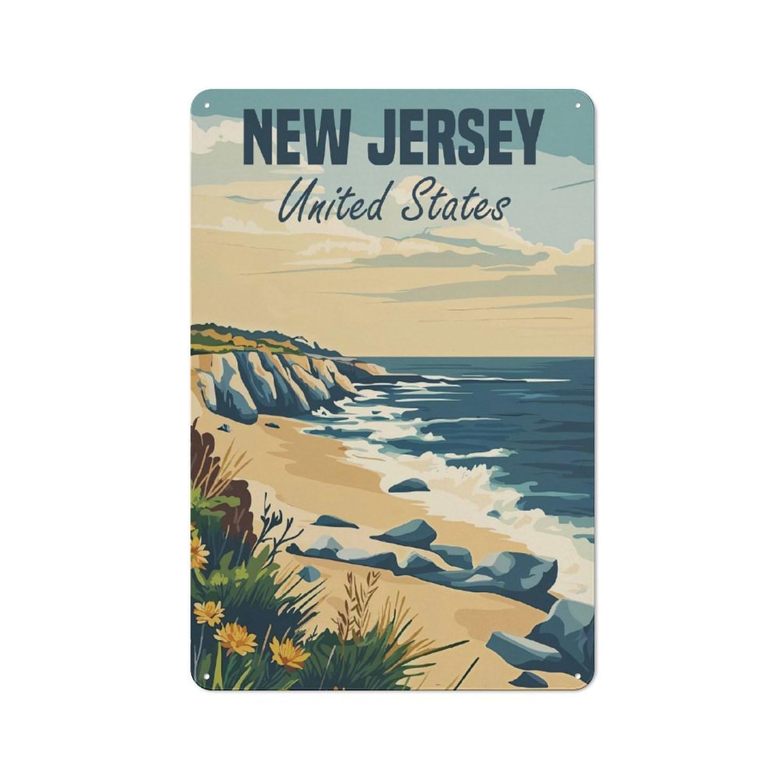 Vintage Tin Sign 30x20cm with New Jersey Coastline for Hobby Room Or Studio, for Metal Sign Collectors, for Garage And Workshop Walls