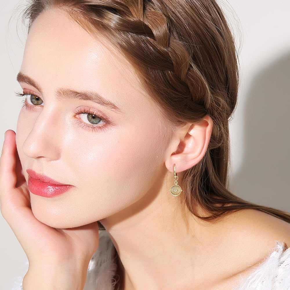 Vintage Evil Eye CZ 18k Gold Huggie Hoop Dangle Drop Earrings Fashion Dainty Sterling Silver Post Round Disc Charm Huggie Hoops Hypoallergenic Trendy Jewelry - Image 6
