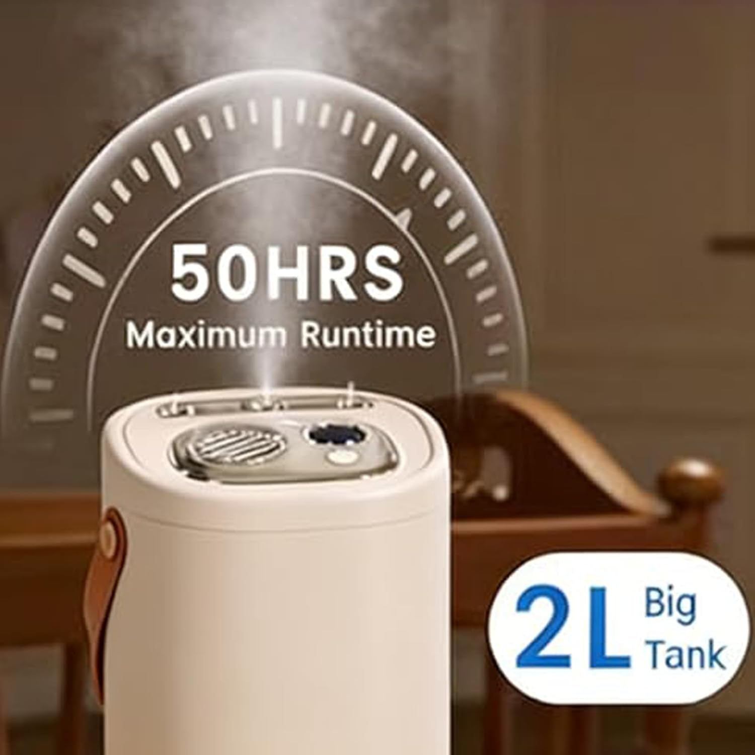 Portable Bedroom Humidifier, 2L Large Capacity, 3-Speed Mist Settings, Built-in Night Light, USB-Rechargeable Quiet Humidifier, Suitable for Bedrooms, Offices, and Nurseries (Off-White)