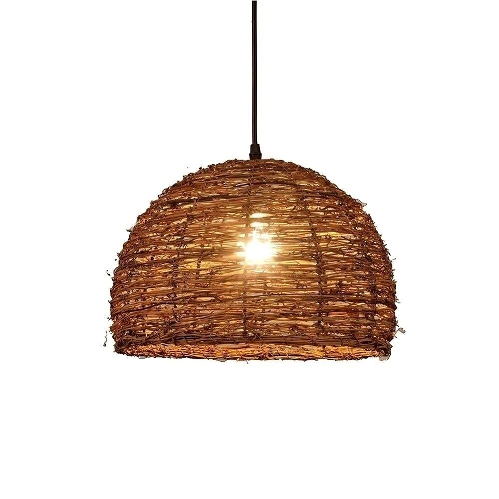 Lámpara colgante de ratán natural redonda regulable para iluminación de techo boho