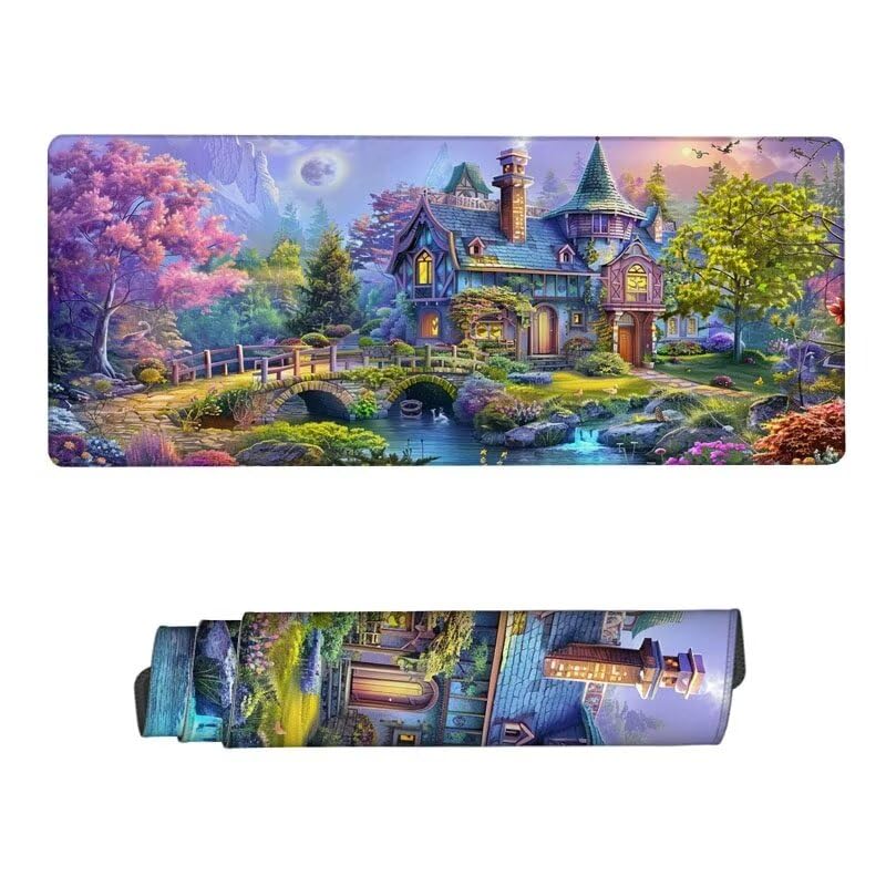 Cute Mouse Pad Large 35.4"x11.8"x0.12", Desk Mat Castle Mousepad, Waterproof Desk Pad, Gaming Mouse Pad with Stitched Edges, Keyboard Pad with