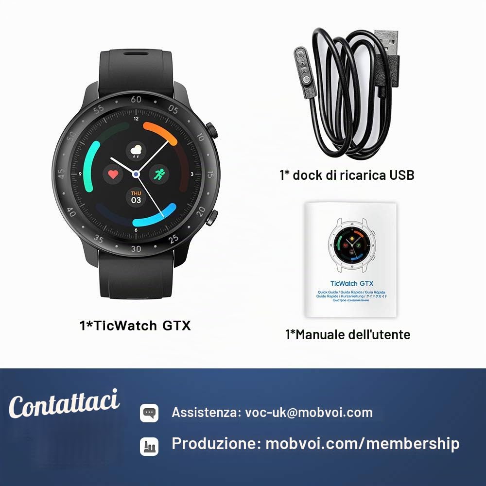 TicWatch GTX Fitness Smartwatch per uomo donna, con 10 giorni di durata della batteria, IP68 nuoto impermeabile, monitoraggio della frequenza cardiaca, monitoraggio del sonno