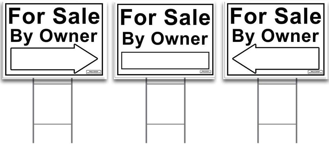 VIBE INK Large For Sale by Owner Corrugated Plastic Yard Sign Kit (1) 24" x 18" Yard Sign with (2) Directional Left or Right Arrow Included (3) 24" Tall Wire Stakes. MADE IN AMERICA!!!