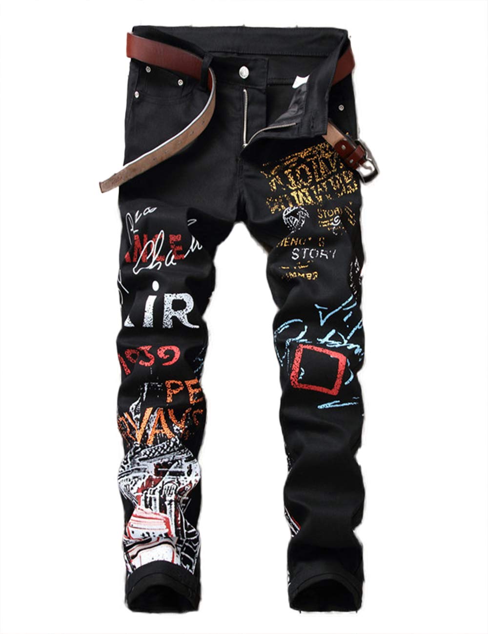 Men's Casual Slim Fit Straight Printed Denim Pants Skinny Jeans