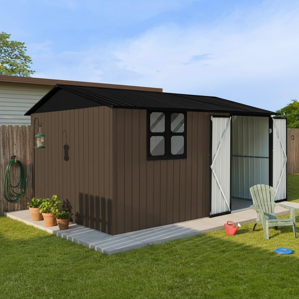 12x10 Ft Metal Garden Shed with Window, Foldable Worktable & Shelves, Apex Roof Brown Outdoor Storage Shed