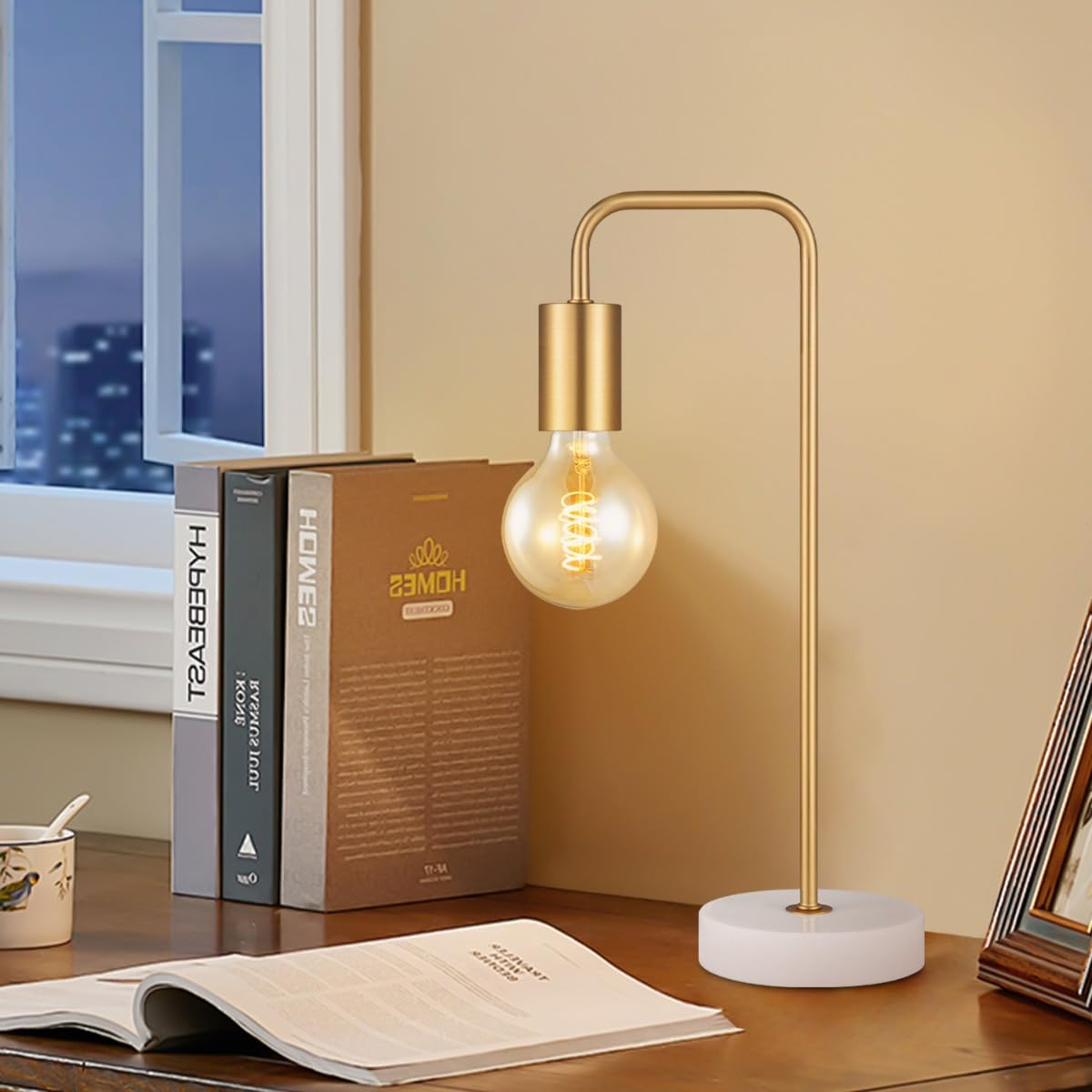 Moderne Tischlampe Noble Marble - 40cm Hoch, Marmorsockel & Gebürsteter Stahl, E27 Fassung, Mit Kabelschalter, Für Nachttisch & Wohnzimmer