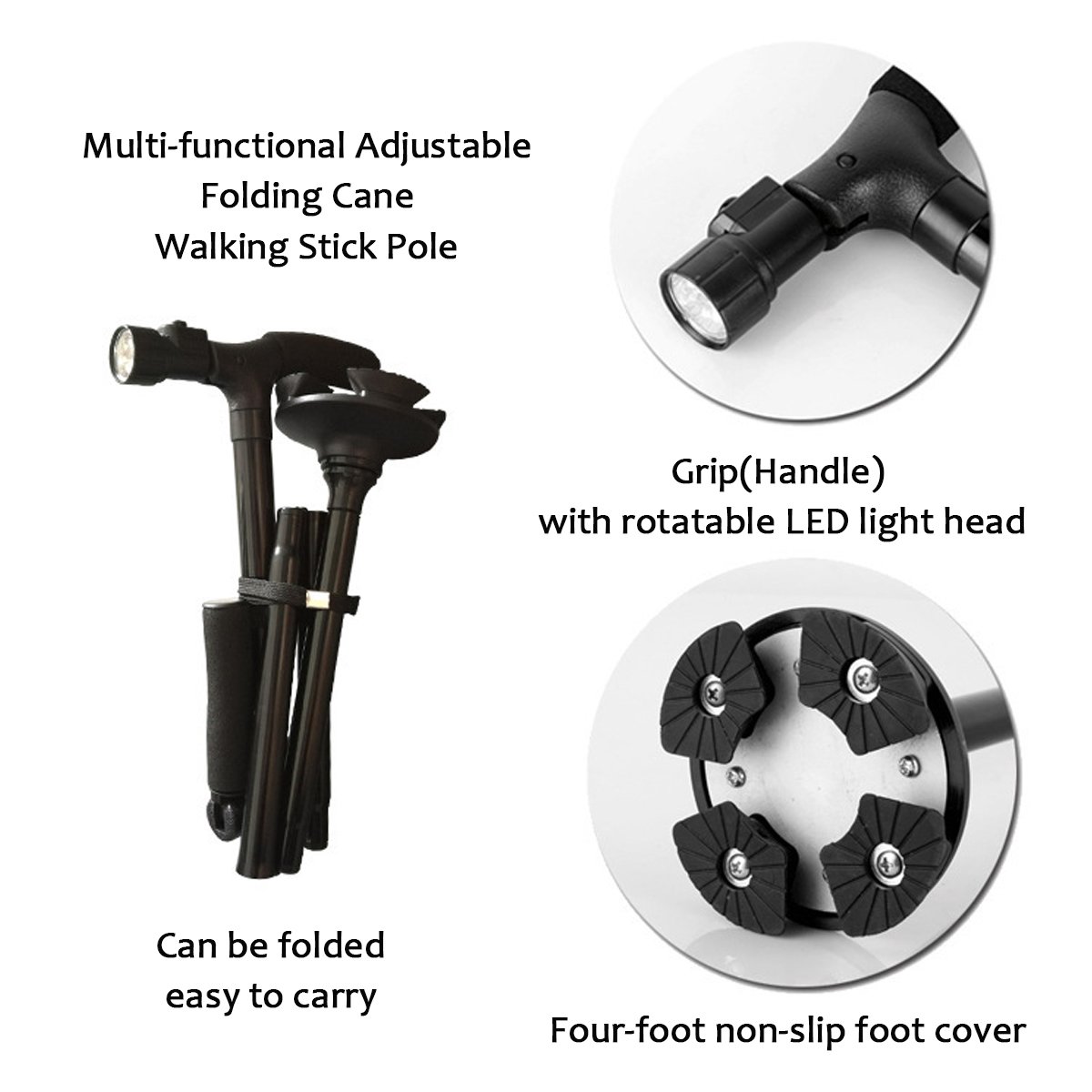 jiele Bastone da Passeggio Portatile, Portatile Canna Regolabile, Con Luce LED e Cuscino Manico Bastone Pieghevole Regolabile per Uomini e Donne, Pieghevole, Non Slip, Nero