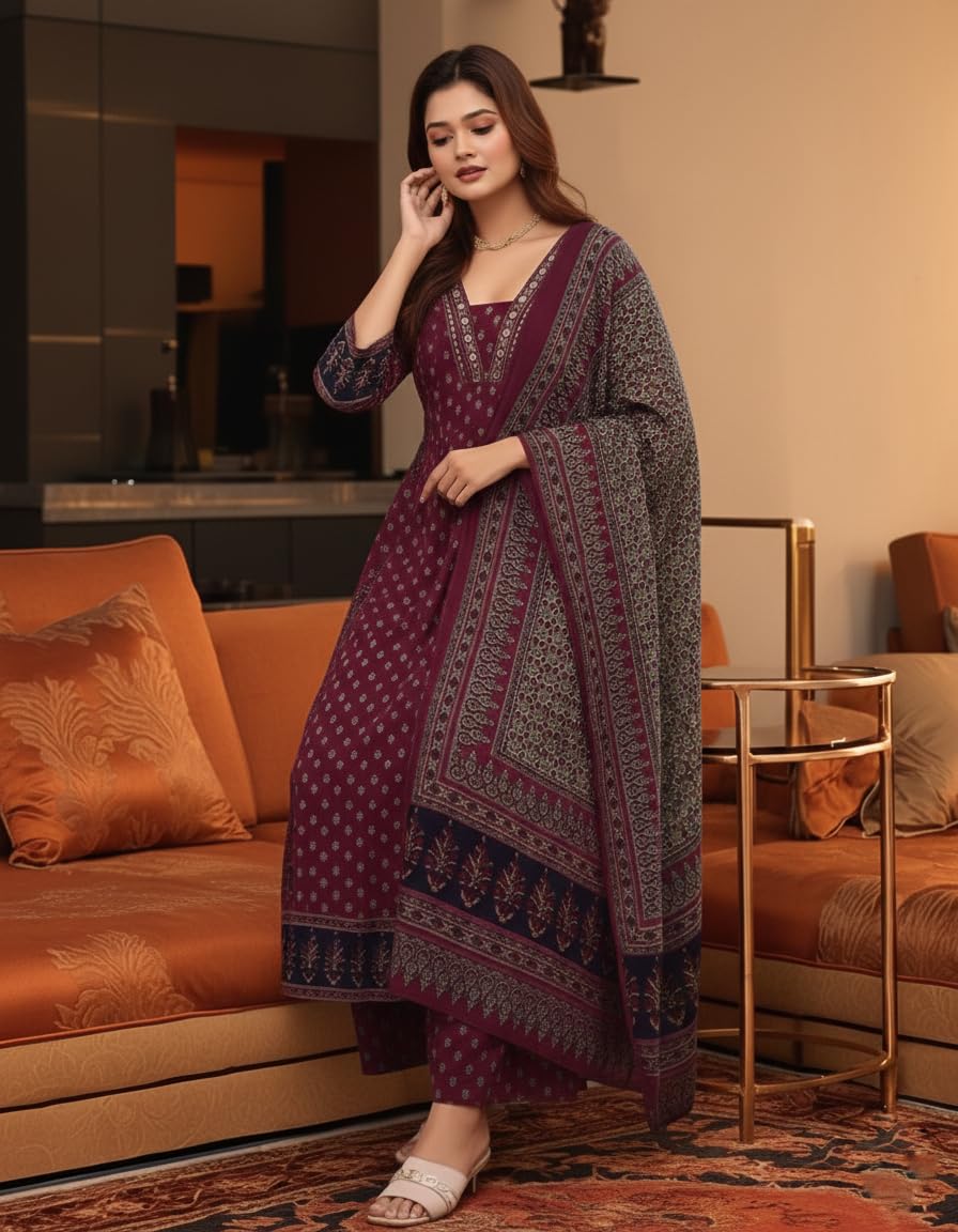 ANNI Designer Ensemble Kurta Anarkali pour femme en pur coton avec dupatta et plazzo – Ensemble de costume imprimé à la main | Robe élégante | Ensemble Kurta en coton pour femme