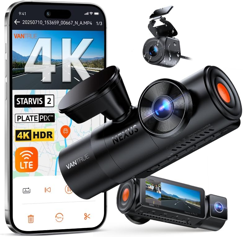 Vantrue N4 Pro S 4K 3 Channel Dash Cam w/Triple STARVIS 2, 4K+1080P+2.5K Front Inside Rear Dash Camera, HDR IR Night Vision, Optional LTE Live, Voice Control, Parking Mode, GPS, Wi-Fi, Support 1TB