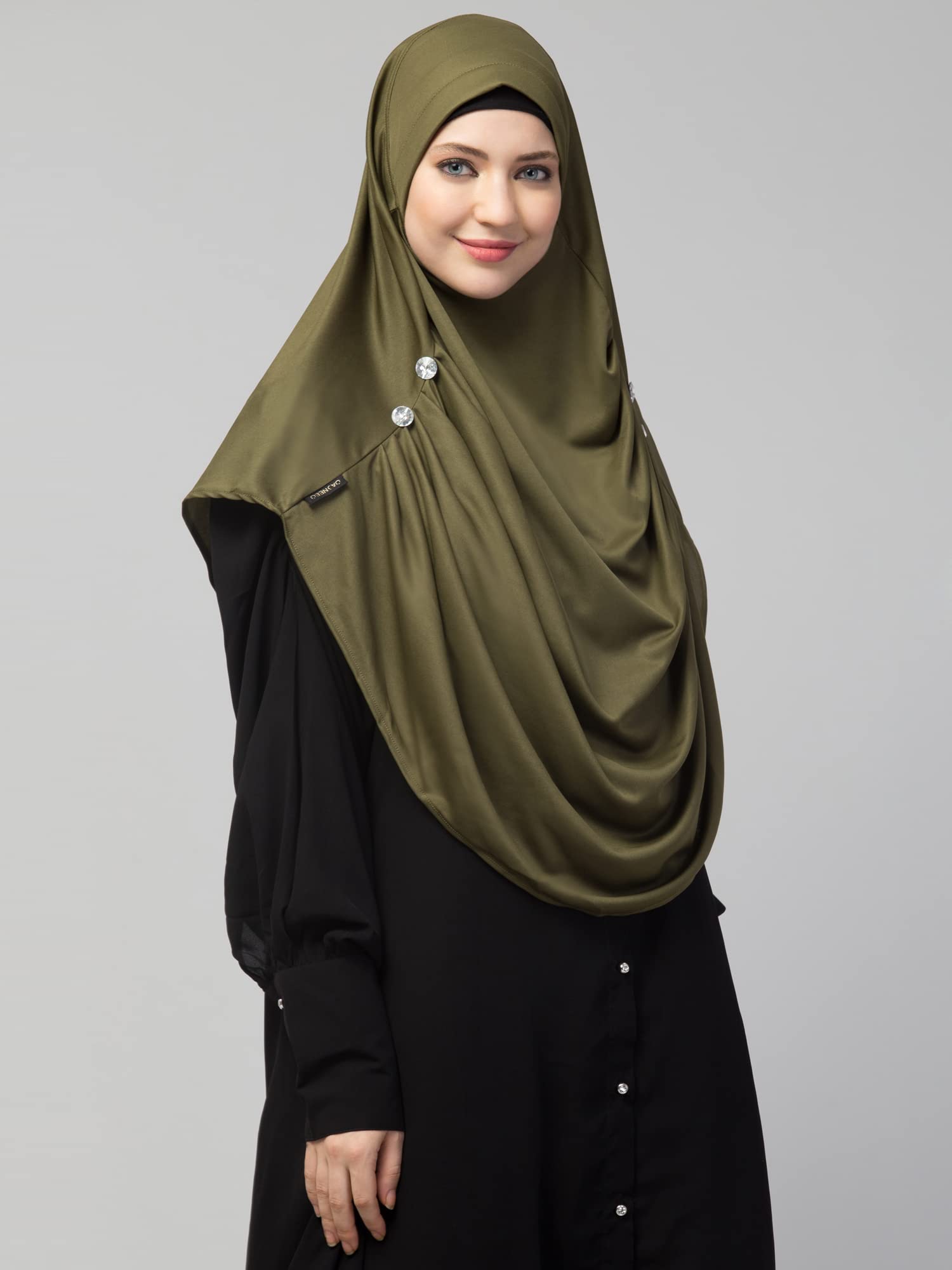 NAZNEEN Front Gather & Pleated with Cristal Stone Ready to wear Prayer Hijab (Olive Pleated Hijab) 2