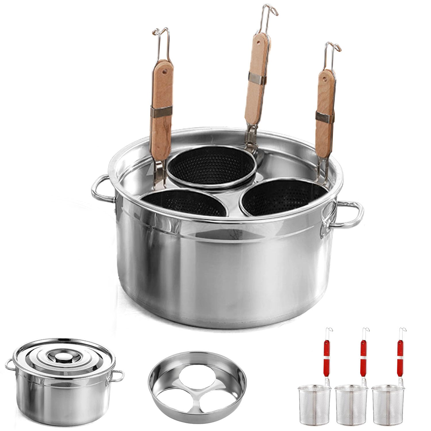 Kurflo Kommerzieller Nudeltopf, Edelstahl, für Ramen, Udon, Spaghetti & Fondue, geeignet für Gasherd & Induktion, inkl. Abtropfsieb und Aufhängehaken (mit 3 Siebeinsätzen)