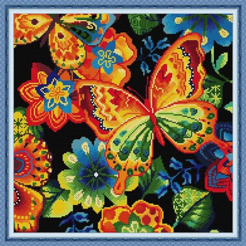 Image of Stamped Cross Stitch Kits Full Range of Embroidery Patterns 11CT 3 Strands DIY Printed Cross-Stitch Kits for Adults Beginner -Butterfly 19.7x19.7 inch